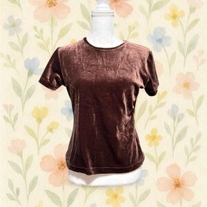 Vintage 90s Brown Velvet Top Medium Bydesign Velour Short Sleeve Baby Tee